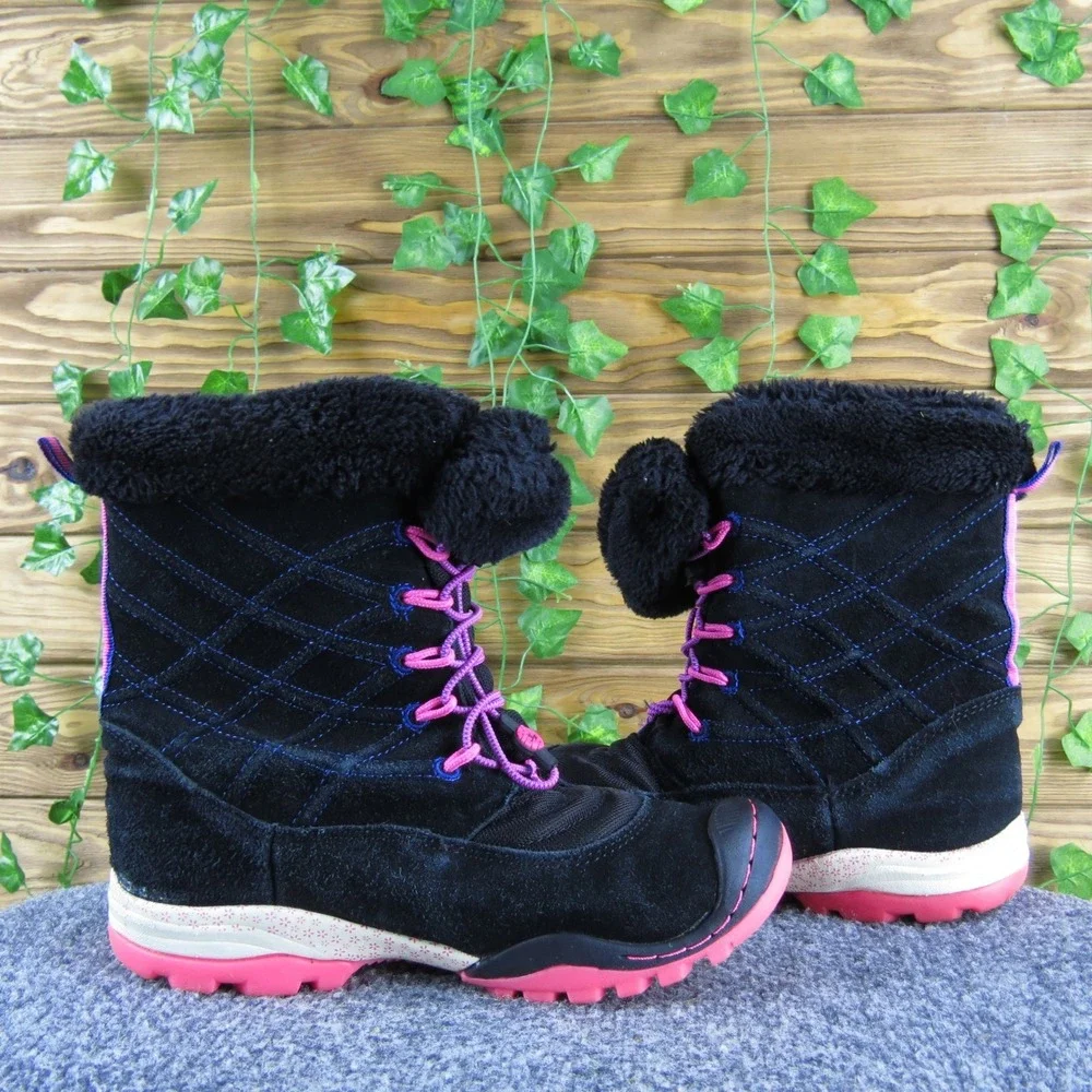 Jambu Black Suede‎ Winter Boots Girls 4 Pink Sole Faux Fur Lace Up Waterproof